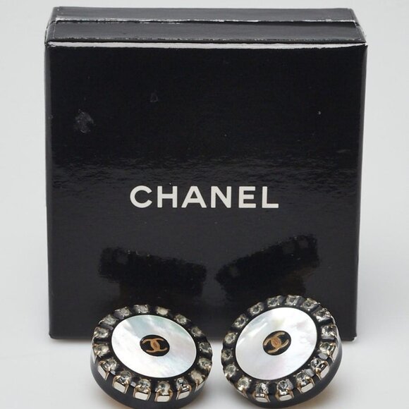 Chanel Mother of Pearl Crystal Acetate CC Goldtone Clip-On Earrings - Picture 2 of 5